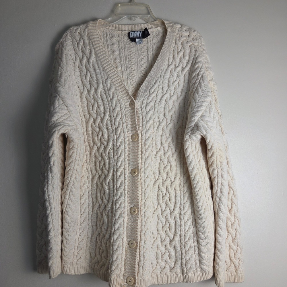 DKNY Donna Karan Womens Cream 100% Wool Cable Knit Button Front Cardigan Large